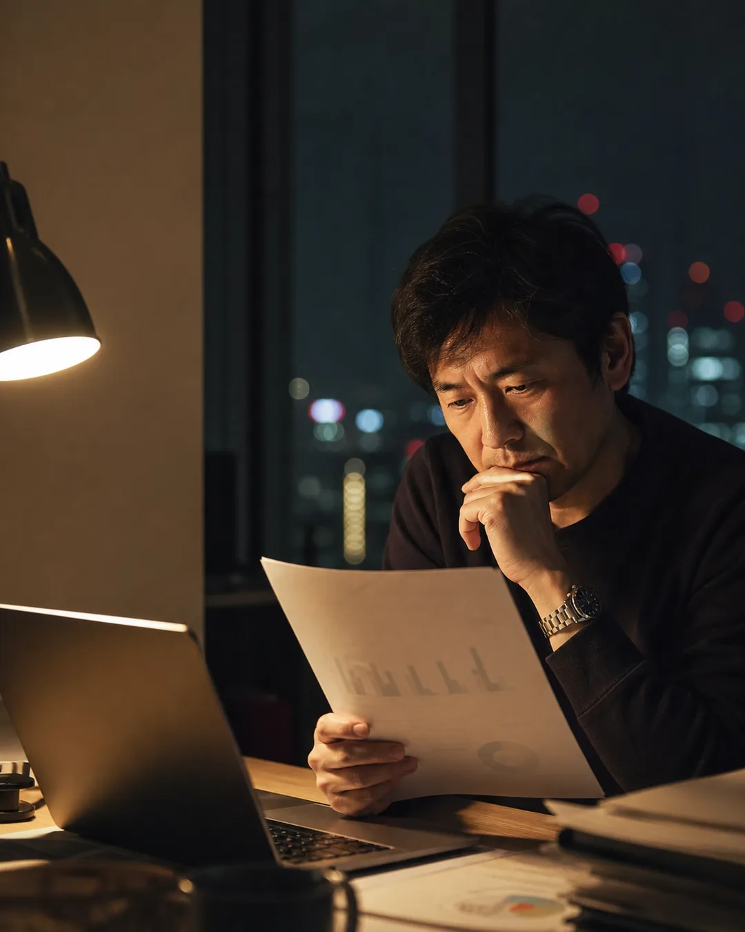 夜のデスクでベンダーの提案書を眺める社長